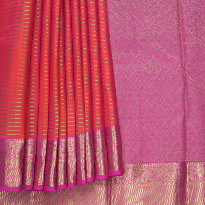 Hayagrivas Handloom Orangish-Pink Kanjivaram Silk Saree with Rani Pink Border KBF316E8-6