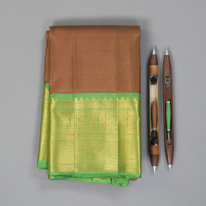 Hayagrivas Handloom Chocolate Brown Kanjivaram Silk Saree with Parrot Green Border KBF325E2-1