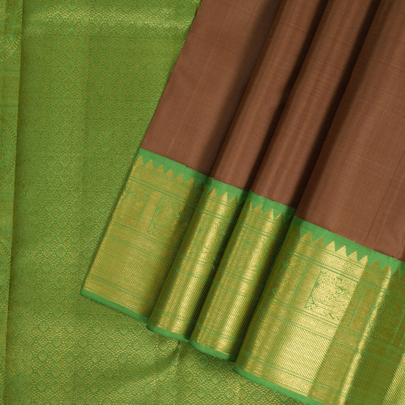 Hayagrivas Handloom Chocolate Brown Kanjivaram Silk Saree with Parrot Green Border KBF325E2-1