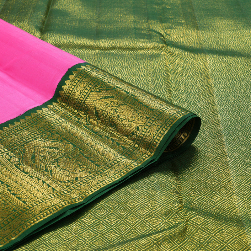 Hayagrivas Handloom Bright Pink Kanjivaram Silk Saree with Bottle Green Border KBF325E2-3