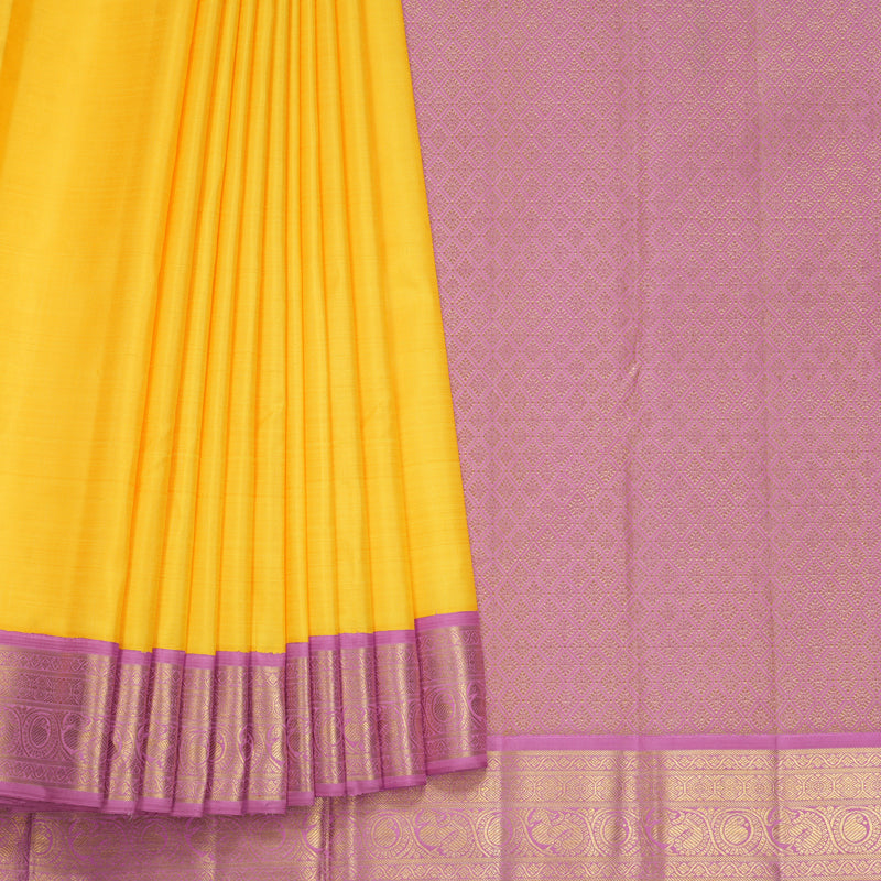Hayagrivas Handloom Yellow Kanjivaram Silk Saree with Lotus Pink Border KBF325E4-1