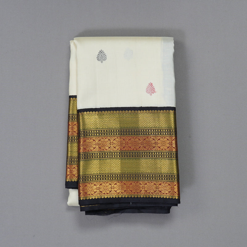 Hayagrivas Handloom Half-White Kanjivaram Silk Saree with Deep Snuff Border KBF326E6-1