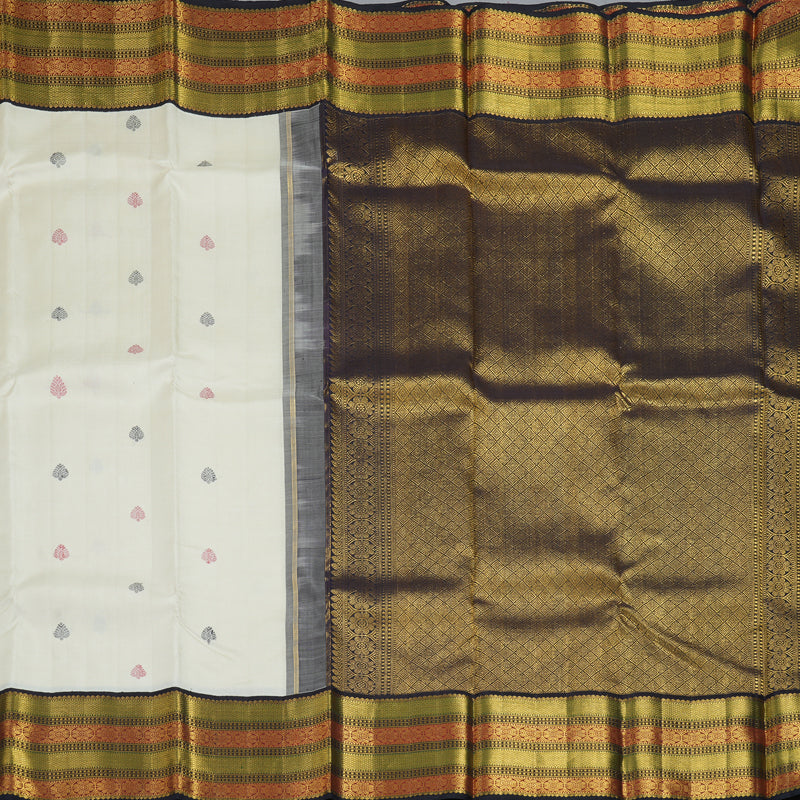 Hayagrivas Handloom Half-White Kanjivaram Silk Saree with Deep Snuff Border KBF326E6-1