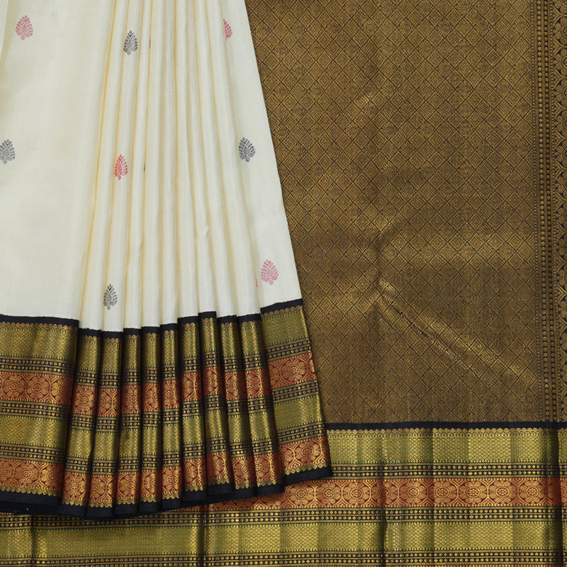 Hayagrivas Handloom Half-White Kanjivaram Silk Saree with Deep Snuff Border KBF326E6-1