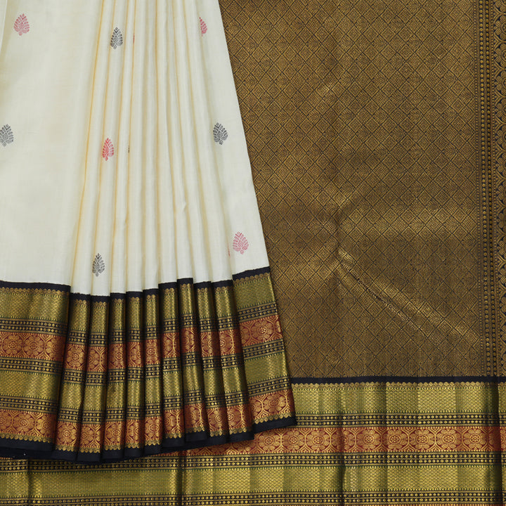 Hayagrivas Handloom Half-White Kanjivaram Silk Saree with Deep Snuff Border KBF326E6-1