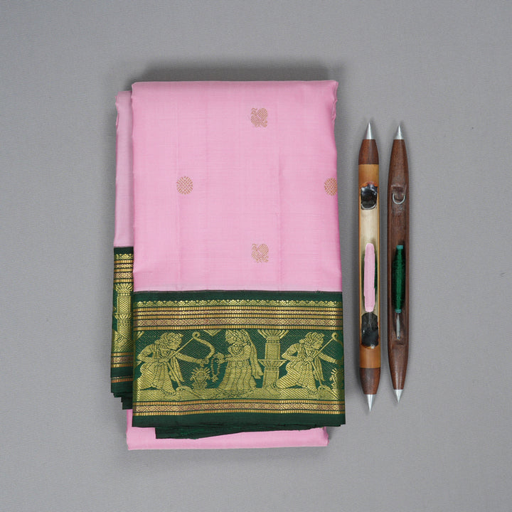 Hayagrivas Handloom Baby Pink Kanjivaram Silk Saree with Bottle Green Border KBF328E1-1