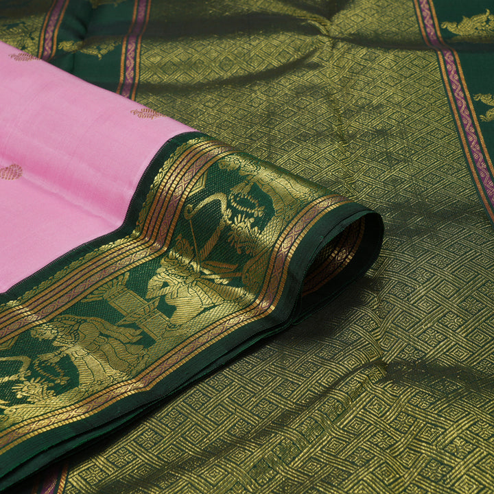Hayagrivas Handloom Baby Pink Kanjivaram Silk Saree with Bottle Green Border KBF328E1-1