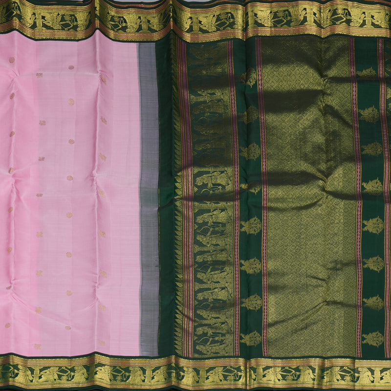 Hayagrivas Handloom Baby Pink Kanjivaram Silk Saree with Bottle Green Border KBF328E1-1