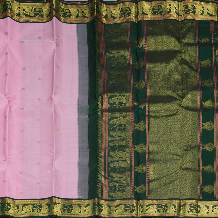 Hayagrivas Handloom Baby Pink Kanjivaram Silk Saree with Bottle Green Border KBF328E1-1