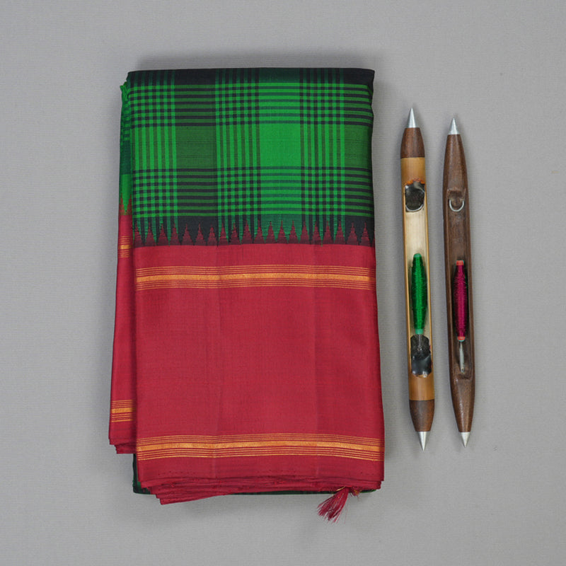 Hayagrivas Handloom Green & Black Checks Kanjivaram Silk Saree with Maroon Border KBF32D4-1