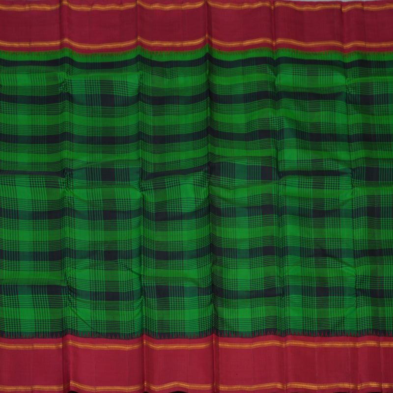 Hayagrivas Handloom Green & Black Checks Kanjivaram Silk Saree with Maroon Border KBF32D4-1