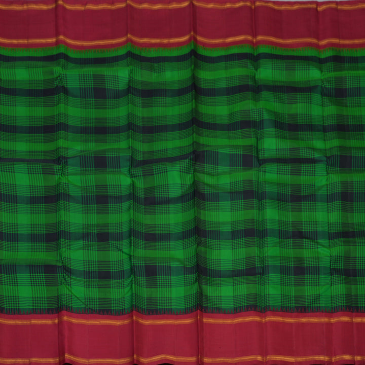 Hayagrivas Handloom Green & Black Checks Kanjivaram Silk Saree with Maroon Border KBF32D4-1