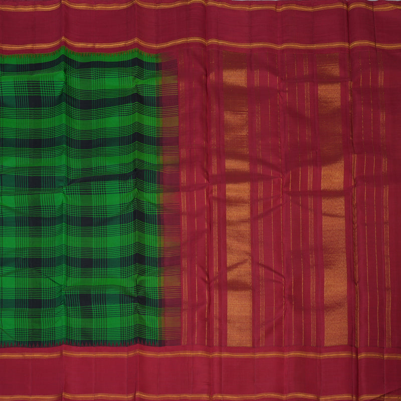 Hayagrivas Handloom Green & Black Checks Kanjivaram Silk Saree with Maroon Border KBF32D4-1