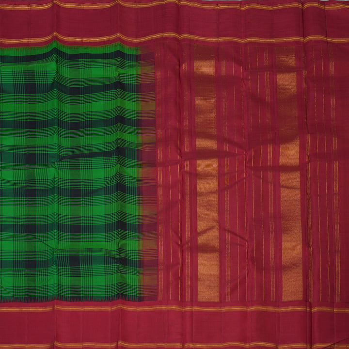 Hayagrivas Handloom Green & Black Checks Kanjivaram Silk Saree with Maroon Border KBF32D4-1