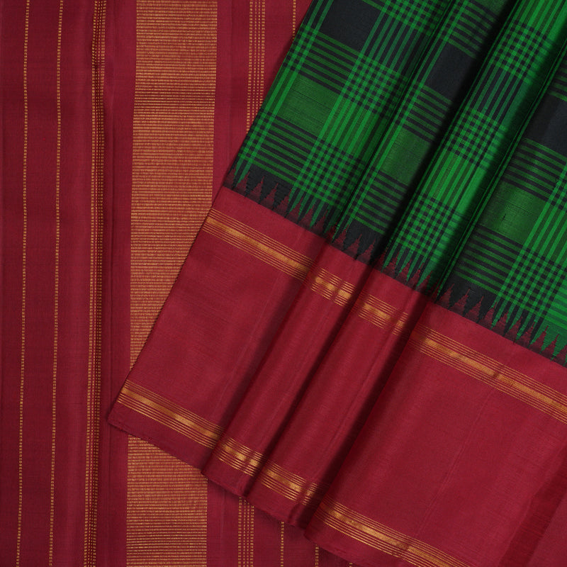Hayagrivas Handloom Green & Black Checks Kanjivaram Silk Saree with Maroon Border KBF32D4-1
