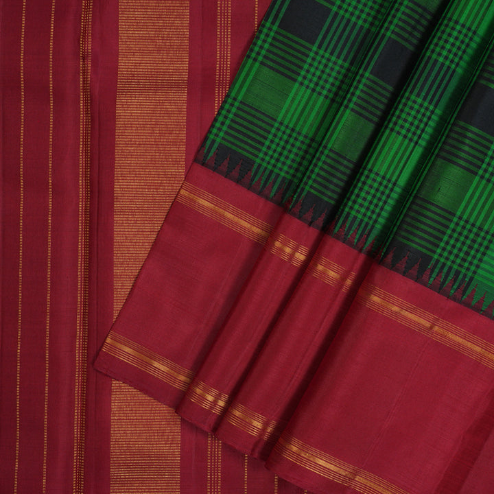 Hayagrivas Handloom Green & Black Checks Kanjivaram Silk Saree with Maroon Border KBF32D4-1