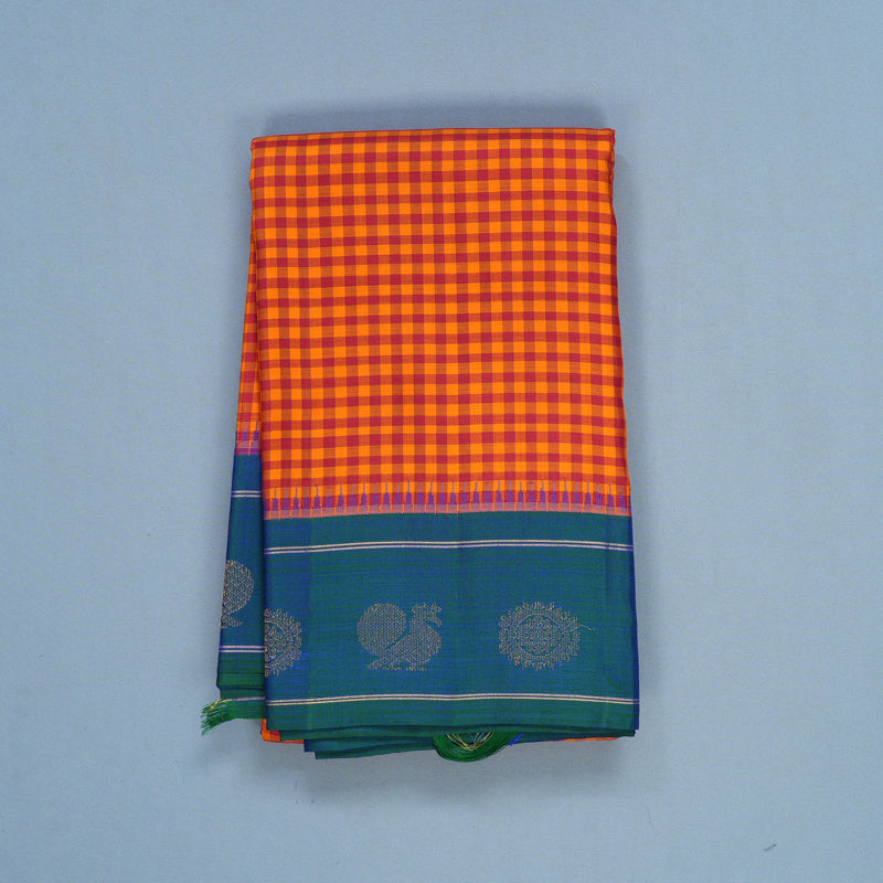 Hayagrivas Handloom Maroon & Orange Checks Kanjivaram Silk Saree KBF332E3-1