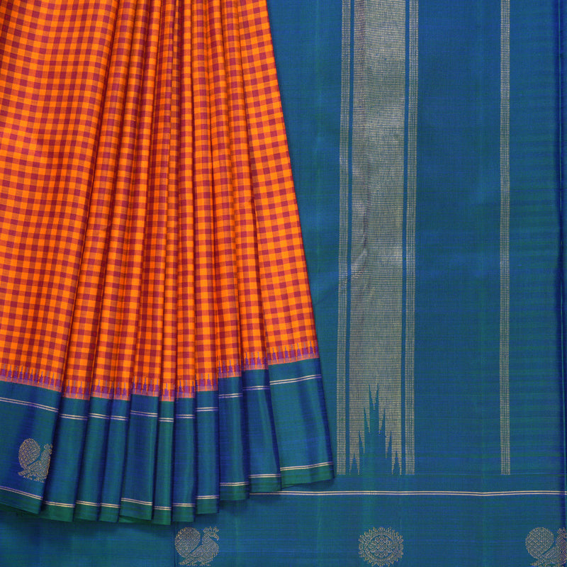 Hayagrivas Handloom Maroon & Orange Checks Kanjivaram Silk Saree KBF332E3-1