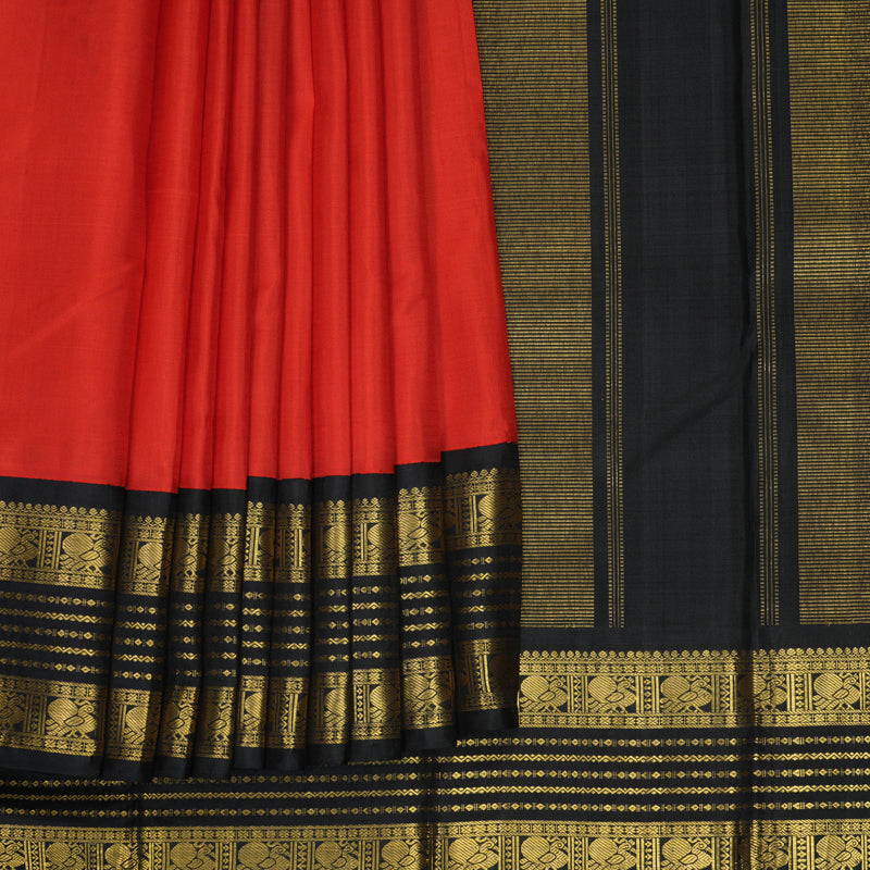 Hayagrivas Handloom Red Kanjivaram Silk Saree with Black Border KBF333E2-1