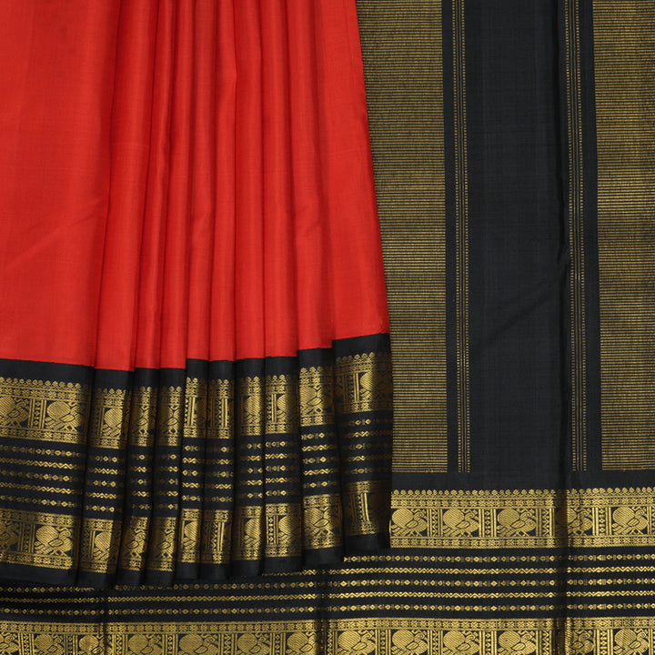 Hayagrivas Handloom Red Kanjivaram Silk Saree with Black Border KBF333E2-1