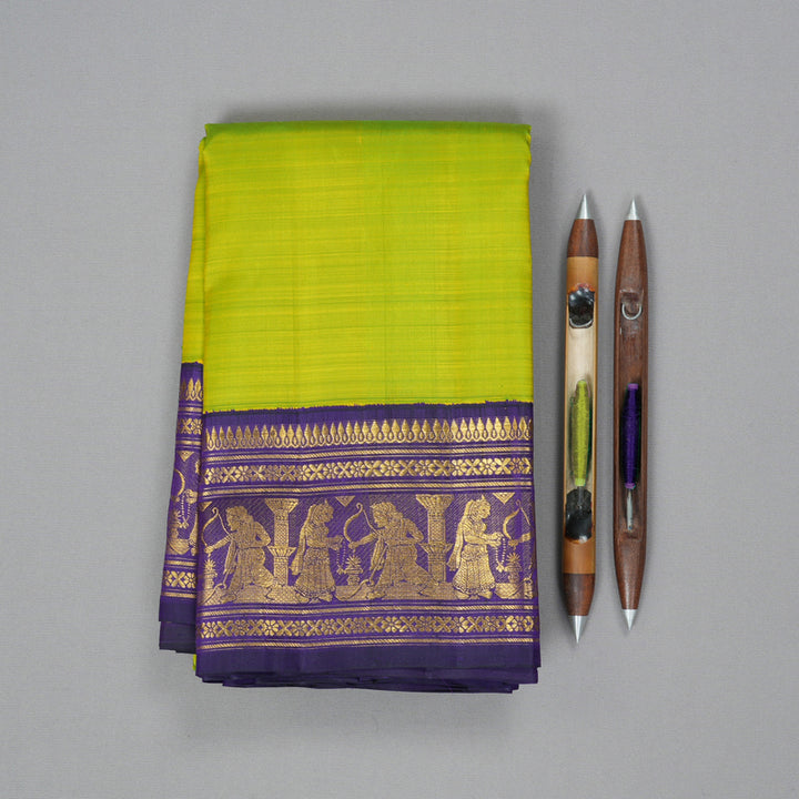 Hayagrivas Handloom Fluorescent Green Kanjivaram Silk Saree with Violet Border KBF333E4-1