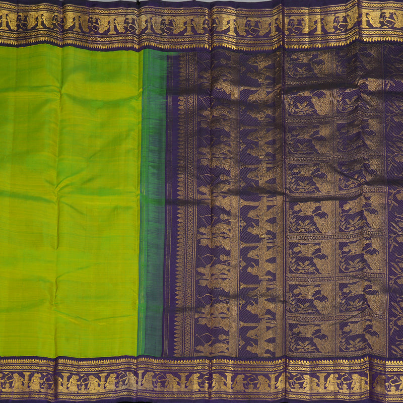 Hayagrivas Handloom Fluorescent Green Kanjivaram Silk Saree with Violet Border KBF333E4-1