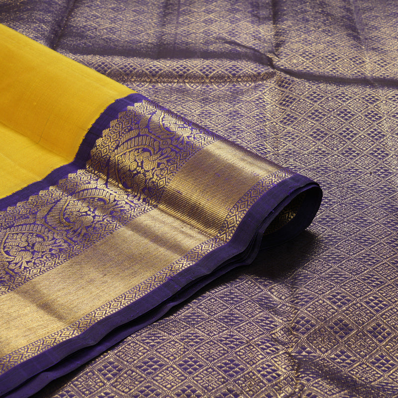 Hayagrivas Handloom Yellow Kanjivaram Silk Saree with Purple Border KBF333E7-1