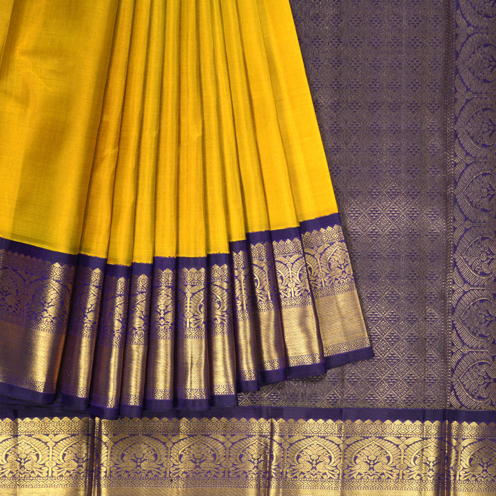 Hayagrivas Handloom Yellow Kanjivaram Silk Saree with Purple Border KBF333E7-1