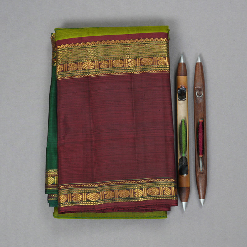 Hayagrivas Handloom Leaf Green Kanjivaram Silk Saree with Ganga Jamuna Border KBF334E5-1