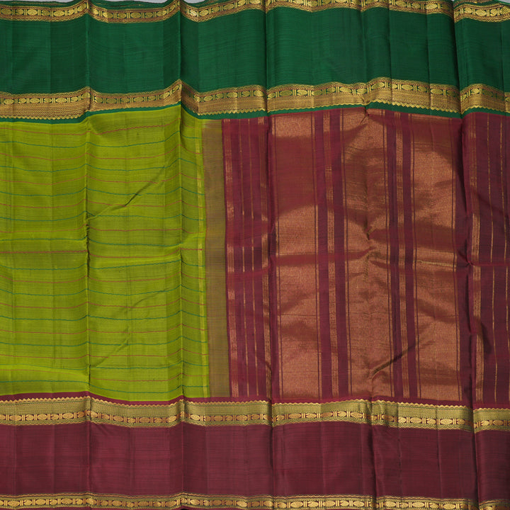Hayagrivas Handloom Leaf Green Kanjivaram Silk Saree with Ganga Jamuna Border KBF334E5-1