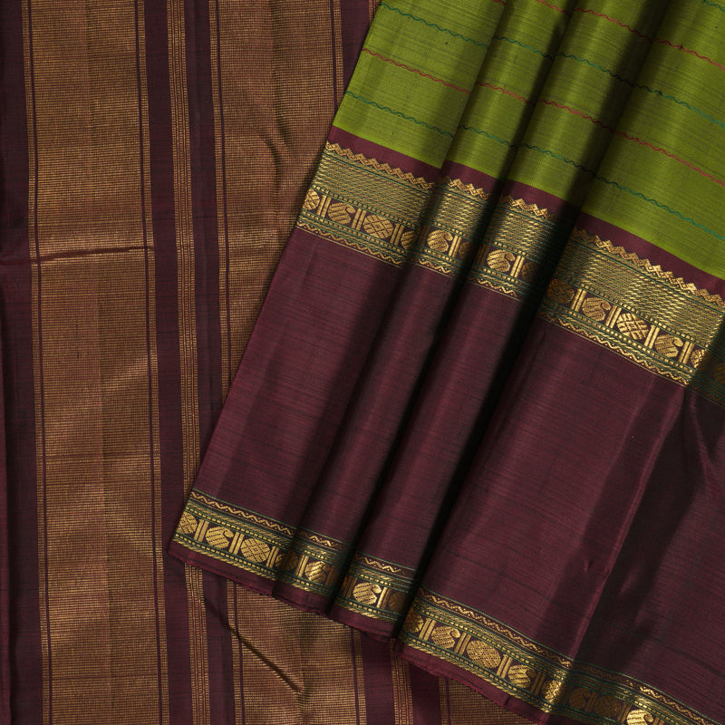 Hayagrivas Handloom Leaf Green Kanjivaram Silk Saree with Ganga Jamuna Border KBF334E5-1
