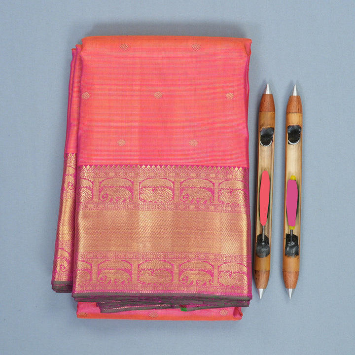 Hayagrivas Handloom Orangish-Pink Kanjivaram Silk Saree with Rani Pink Border KBF337E1-1
