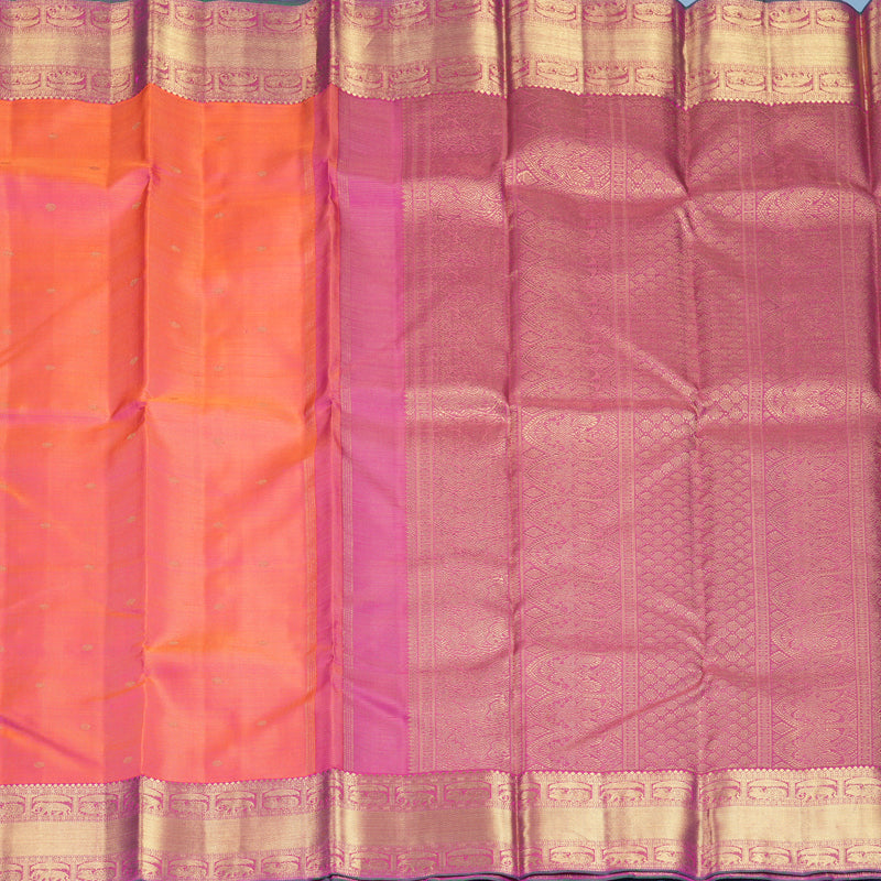 Hayagrivas Handloom Orangish-Pink Kanjivaram Silk Saree with Rani Pink Border KBF337E1-1