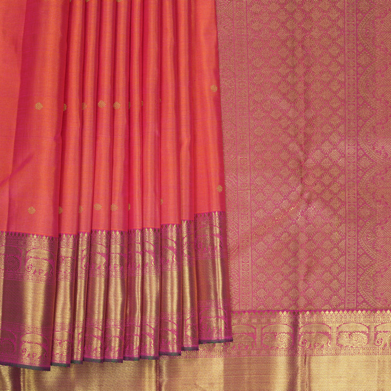 Hayagrivas Handloom Orangish-Pink Kanjivaram Silk Saree with Rani Pink Border KBF337E1-1