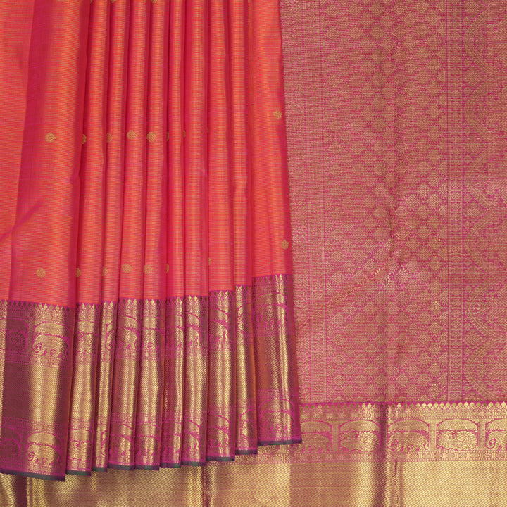 Hayagrivas Handloom Orangish-Pink Kanjivaram Silk Saree with Rani Pink Border KBF337E1-1