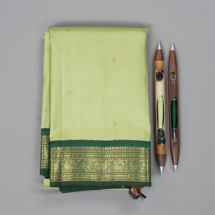 Hayagrivas Handloom Pista Green Kanjivaram Silk Saree with Bottle Green Border KBF343E10-1