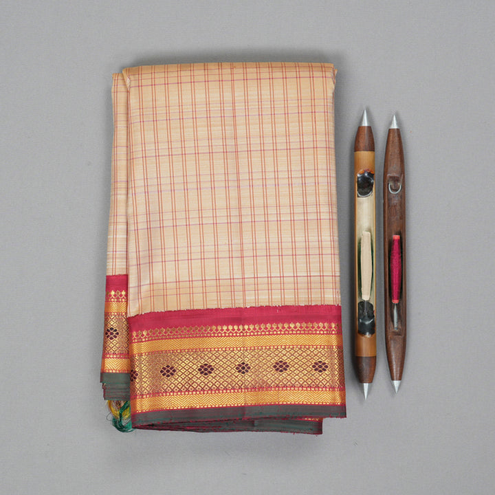 Hayagrivas Handloom Beige Kanjivaram Silk Saree with Red Border KBF343E13-1