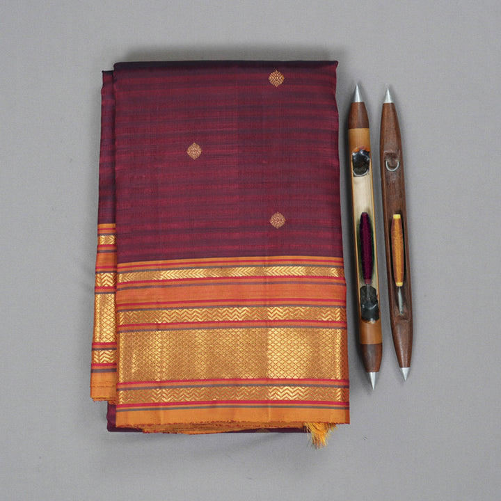 Hayagrivas Handloom Wine Maroon Kanjivaram Silk Saree with Sunset Orange Border KBF343E5-1