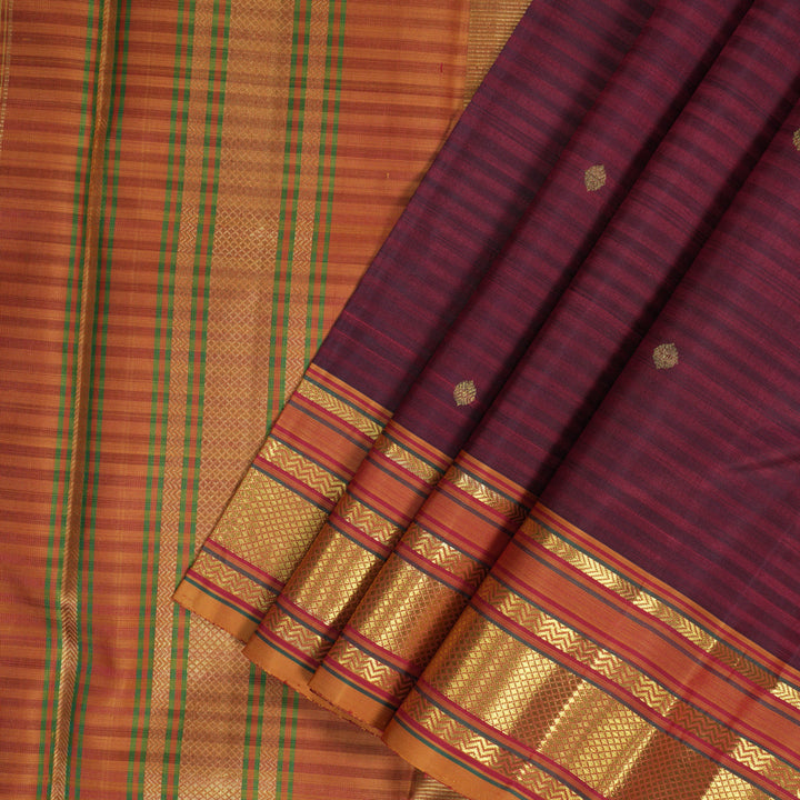 Hayagrivas Handloom Wine Maroon Kanjivaram Silk Saree with Sunset Orange Border KBF343E5-1