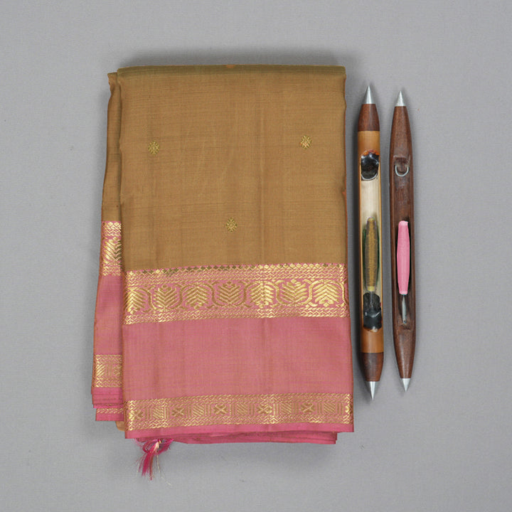 Hayagrivas Handloom Light Brown Kanjivaram Silk Saree with Onion Pink Border KBF343E8-1