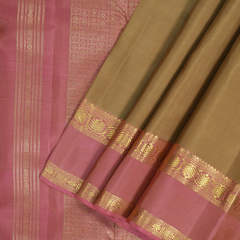 Hayagrivas Handloom Light Brown Kanjivaram Silk Saree with Onion Pink Border KBF343E8-1