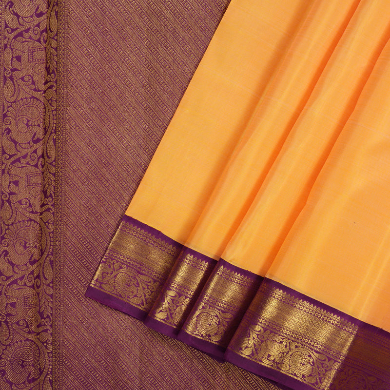 Hayagrivas Handloom Peach Orange Kanjivaram Silk Saree with Vadamalli Purple Border KBF34D2-1