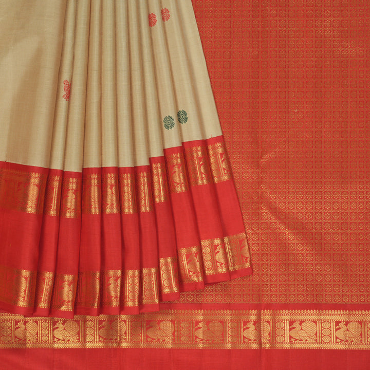 Hayagrivas Handloom Beige Kanjivaram Silk Saree with Red Border KBF351E1-1