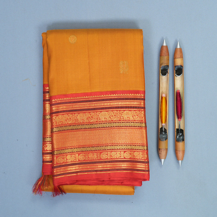 Hayagrivas Handloom Mustard Yellow Kanjivaram Silk Saree with Red Border KBF352E1-2