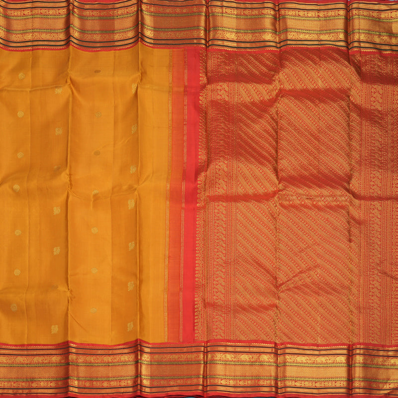 Hayagrivas Handloom Mustard Yellow Kanjivaram Silk Saree with Red Border KBF352E1-2