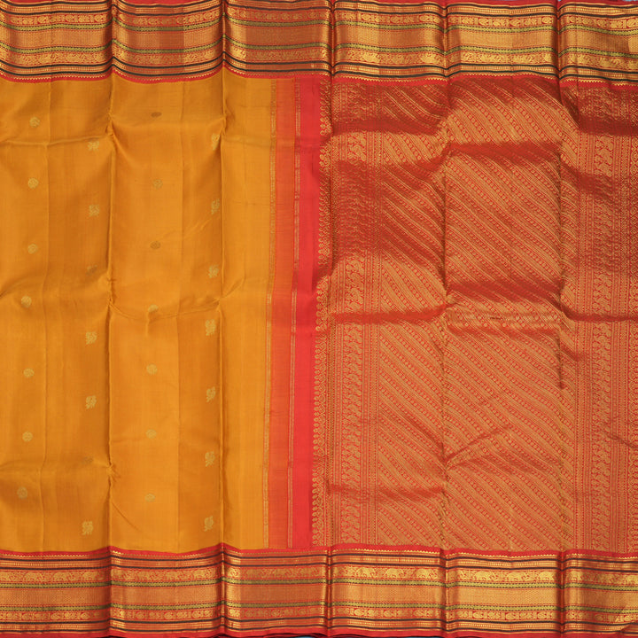 Hayagrivas Handloom Mustard Yellow Kanjivaram Silk Saree with Red Border KBF352E1-2