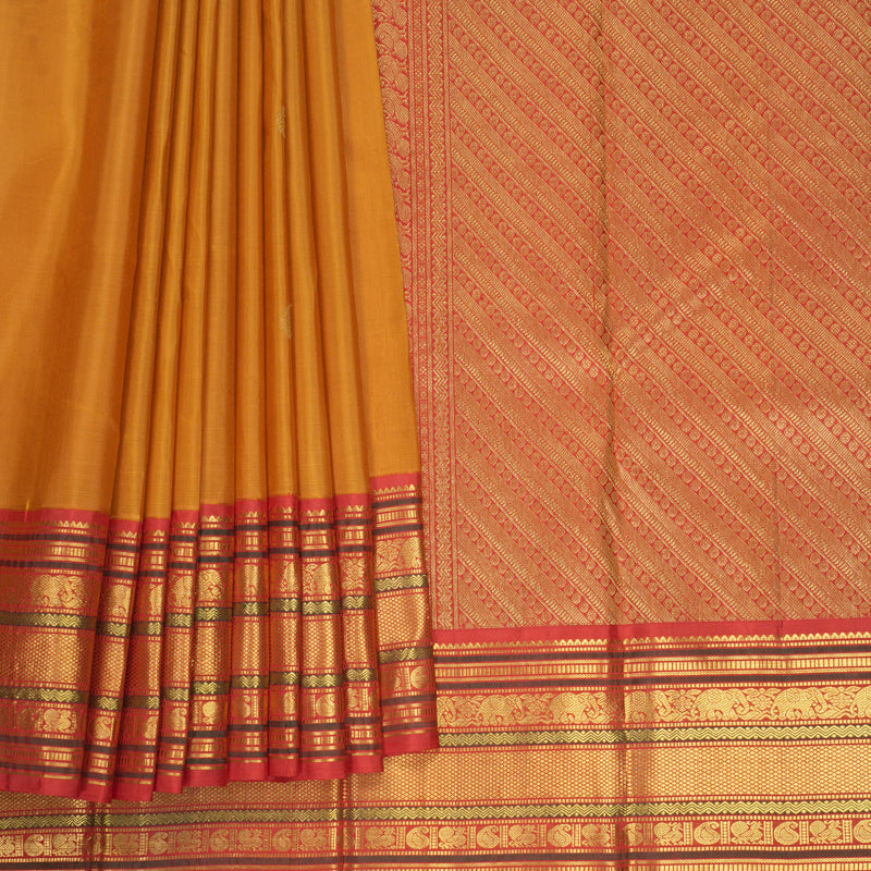 Hayagrivas Handloom Mustard Yellow Kanjivaram Silk Saree with Red Border KBF352E1-2