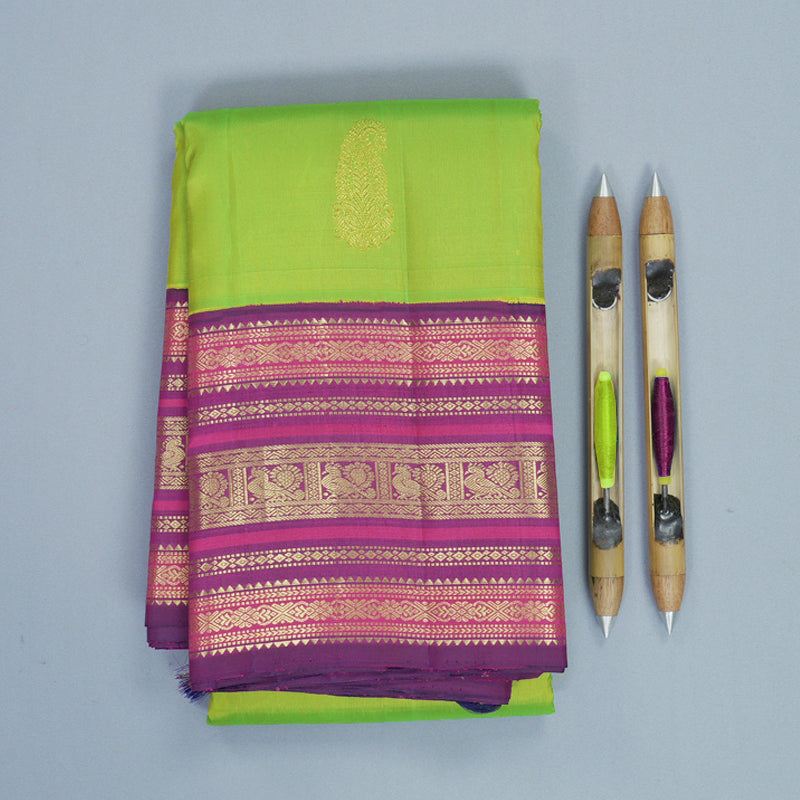 Hayagrivas Handloom Fluorescent Green Kanjivaram Silk Saree with Purple Border KBF352E1-3