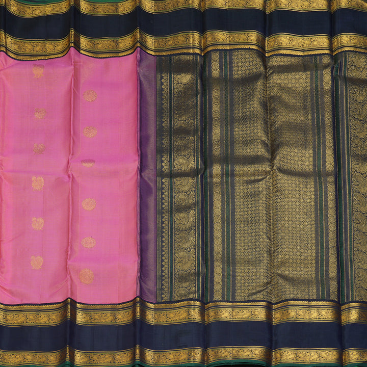 Hayagrivas Handloom Rose Pink Kanjivaram Silk Saree with Deep Navy Blue Border KBF352E4-2