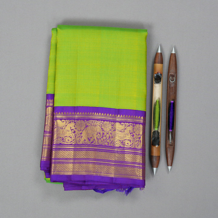 Hayagrivas Handloom Fluorescent Green Kanjivaram Silk Saree with Purple Border KBF356F10-1